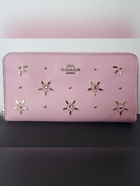 SOLDCoach Long Zip Around Studded Wallet  Flower Rivets, Tulip Pink, EUC $298